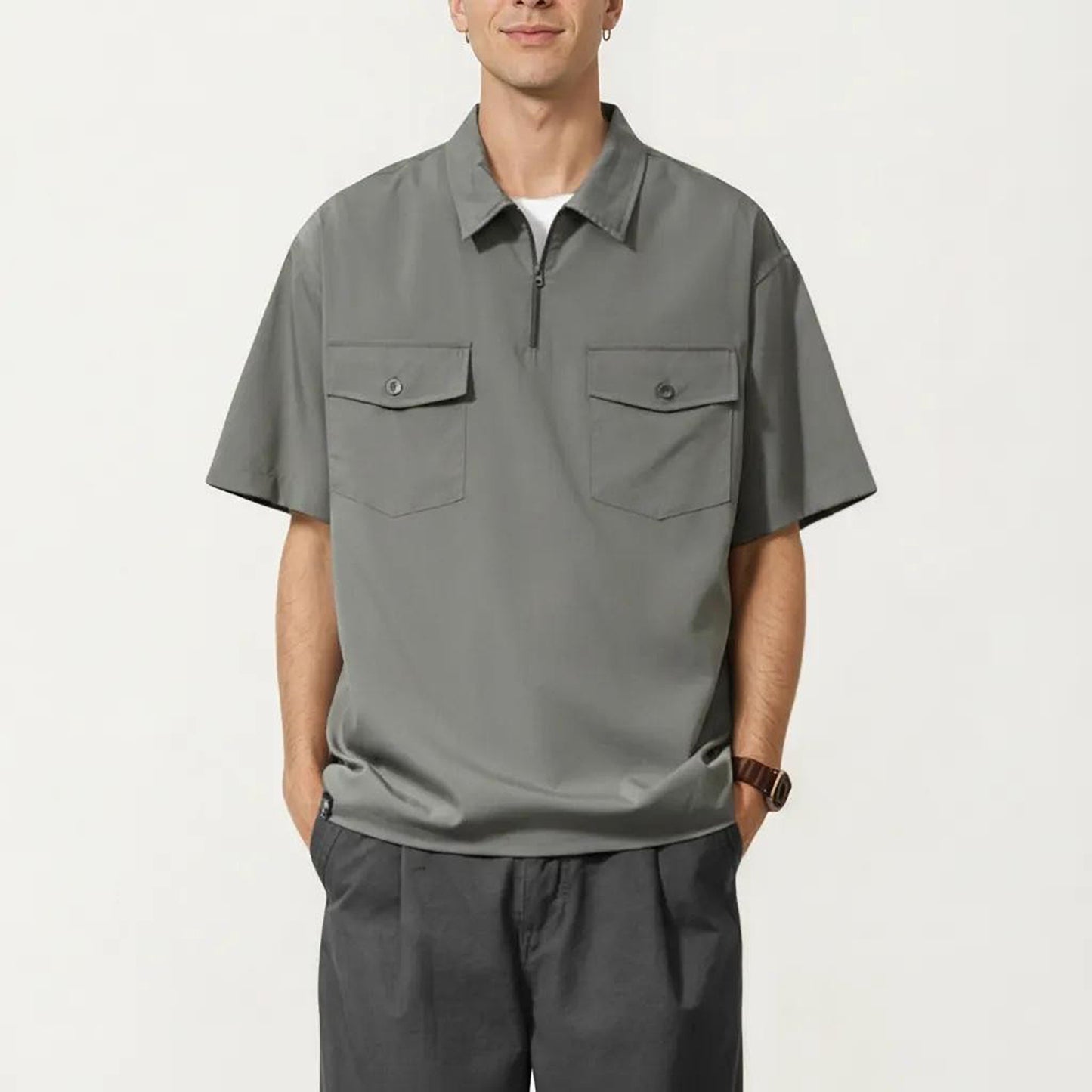 Men's Short Sleeve Half Zip Utility Shirt with Chest Pockets