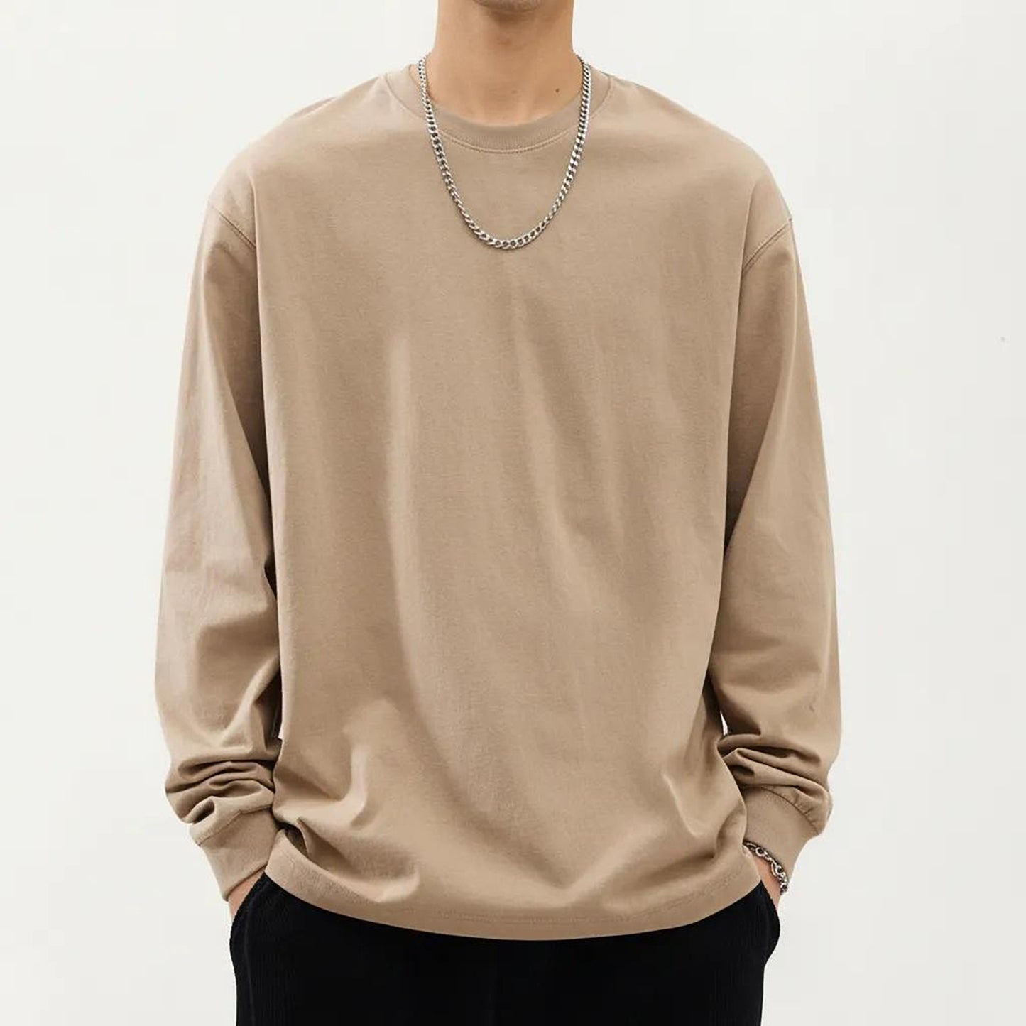 Men's Long Sleeve Crew Neck Pullover Top with Relaxed Fit and Soft Knit Feel