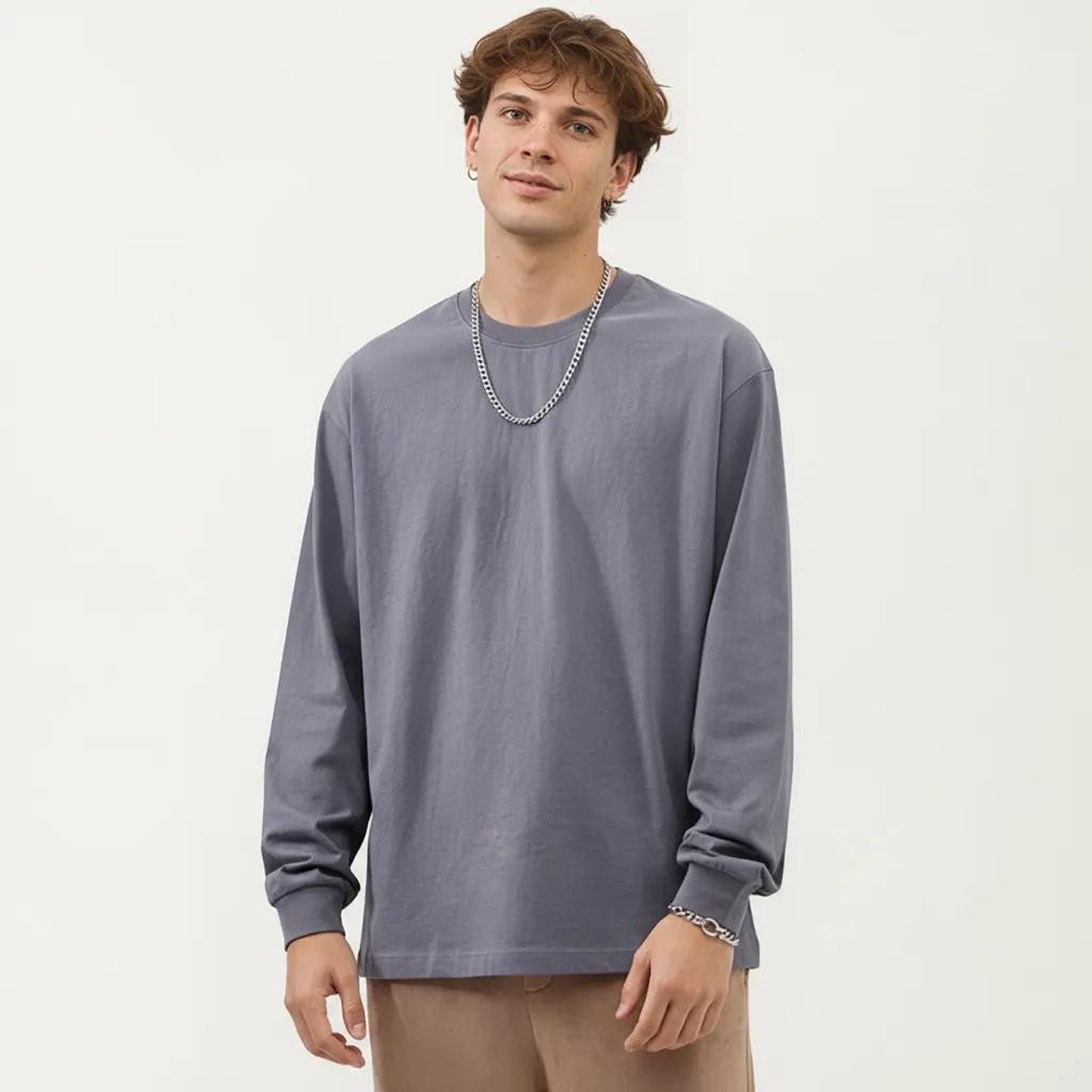 Men's Long Sleeve Crew Neck Pullover Top with Relaxed Fit and Soft Knit Feel