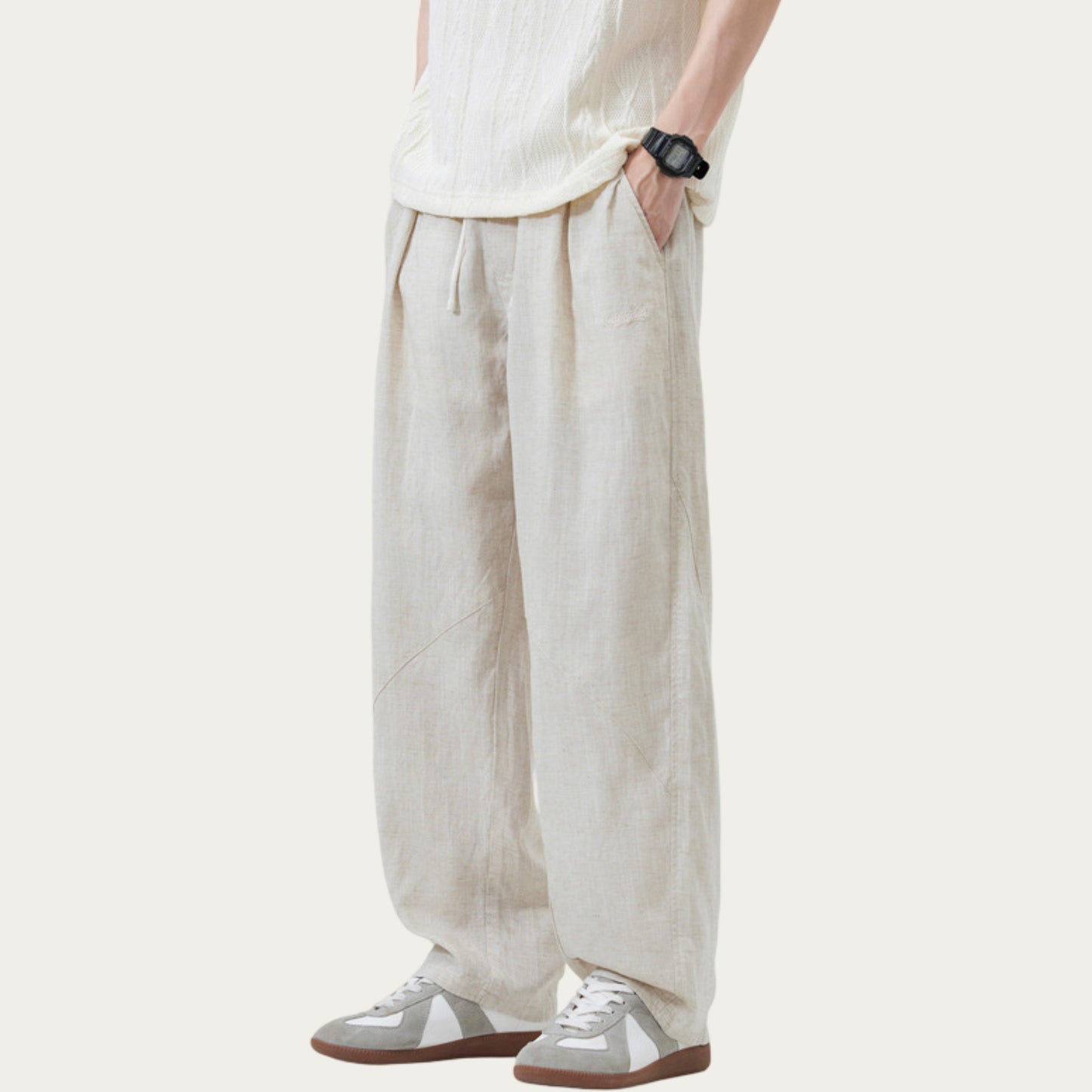 Men's Drawstring Waist Relaxed Fit Woven Pants with Seam Detailing