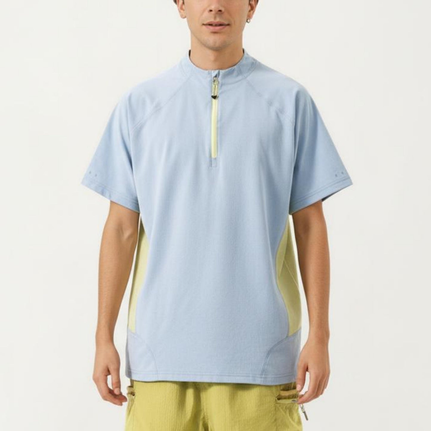 Men's Short Sleeve Athletic T-Shirt with Half Zip Mock Neck Contrast Panels Breathable Lightweight