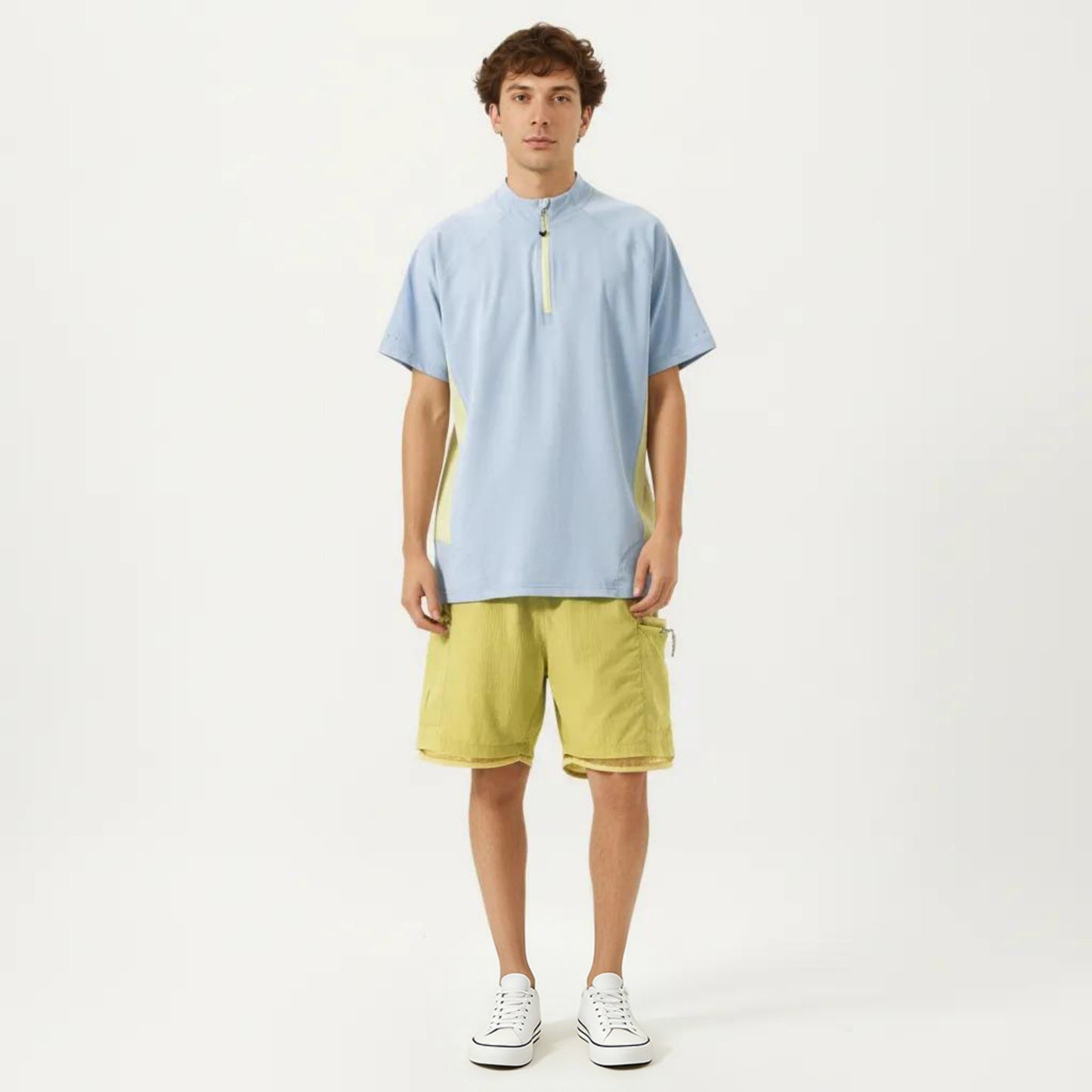 Men's Short Sleeve Athletic T-Shirt with Half Zip Mock Neck Contrast Panels Breathable Lightweight