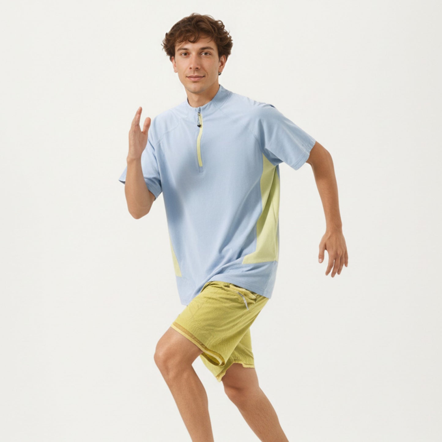 Men's Short Sleeve Athletic T-Shirt with Half Zip Mock Neck Contrast Panels Breathable Lightweight