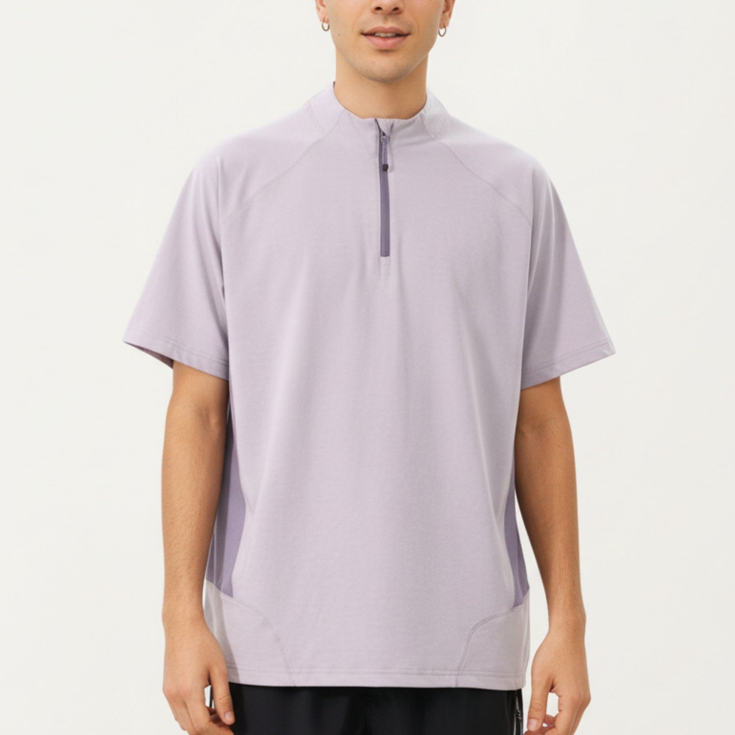 Men's Short Sleeve Athletic T-Shirt with Half Zip Mock Neck Contrast Panels Breathable Lightweight