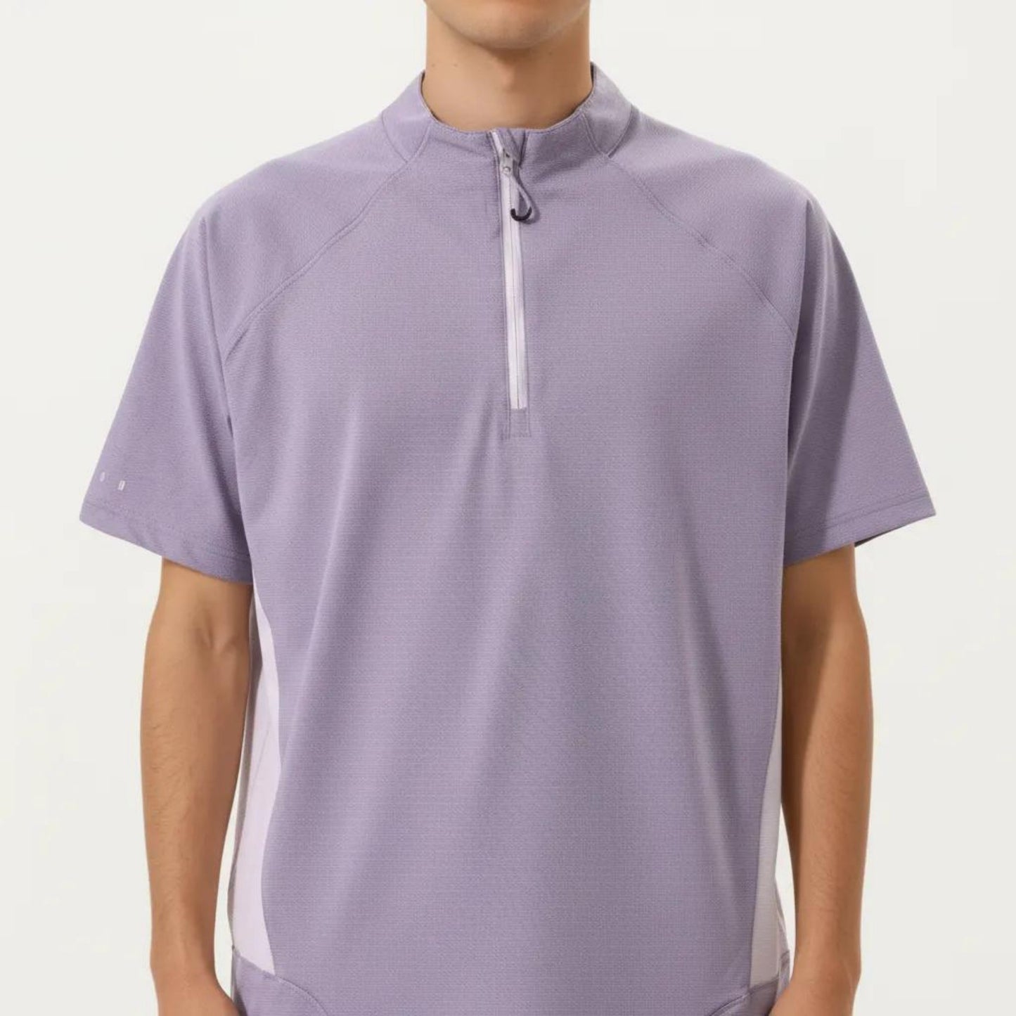 Men's Short Sleeve Athletic T-Shirt with Half Zip Mock Neck Contrast Panels Breathable Lightweight
