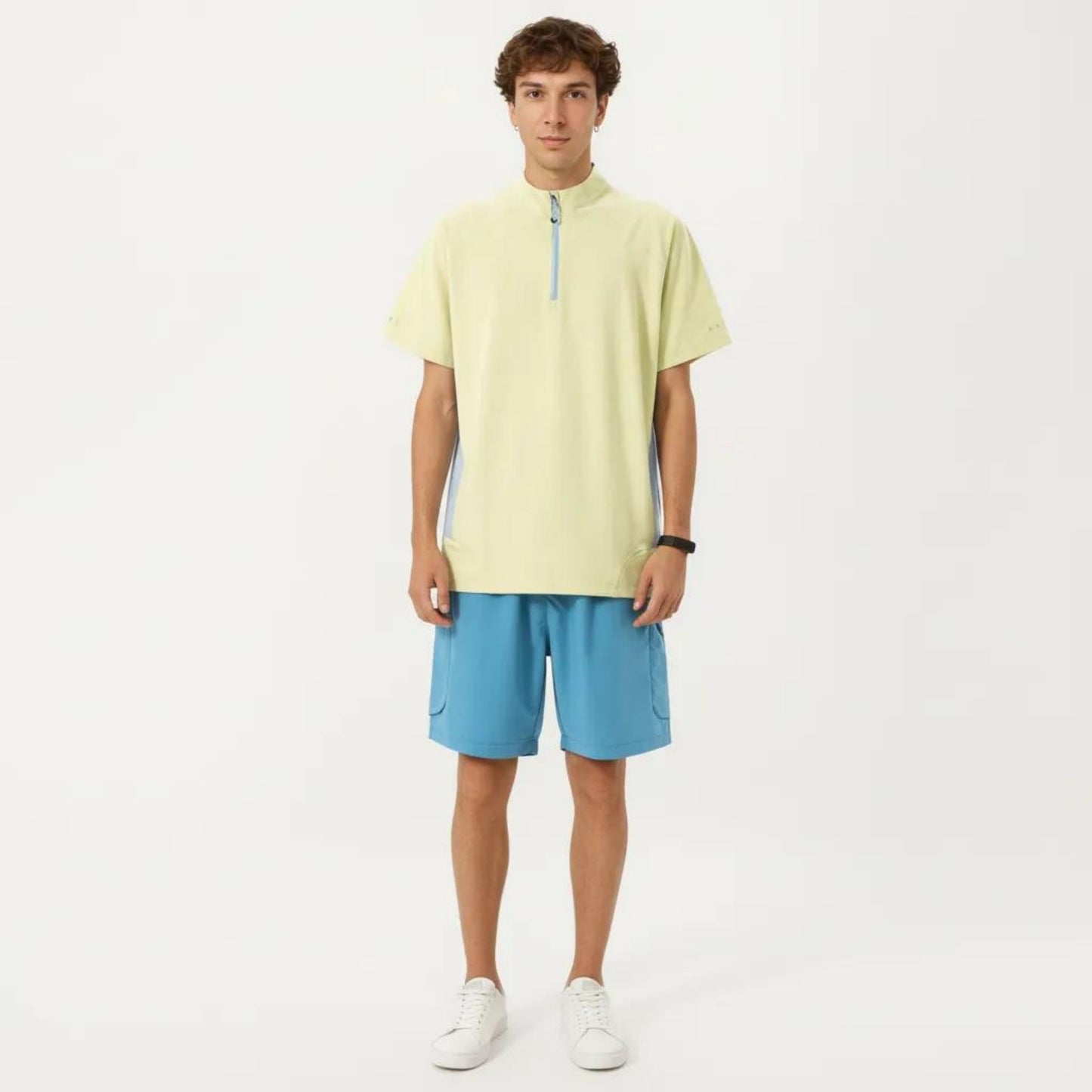 Men's Short Sleeve Athletic T-Shirt with Half Zip Mock Neck Contrast Panels Breathable Lightweight