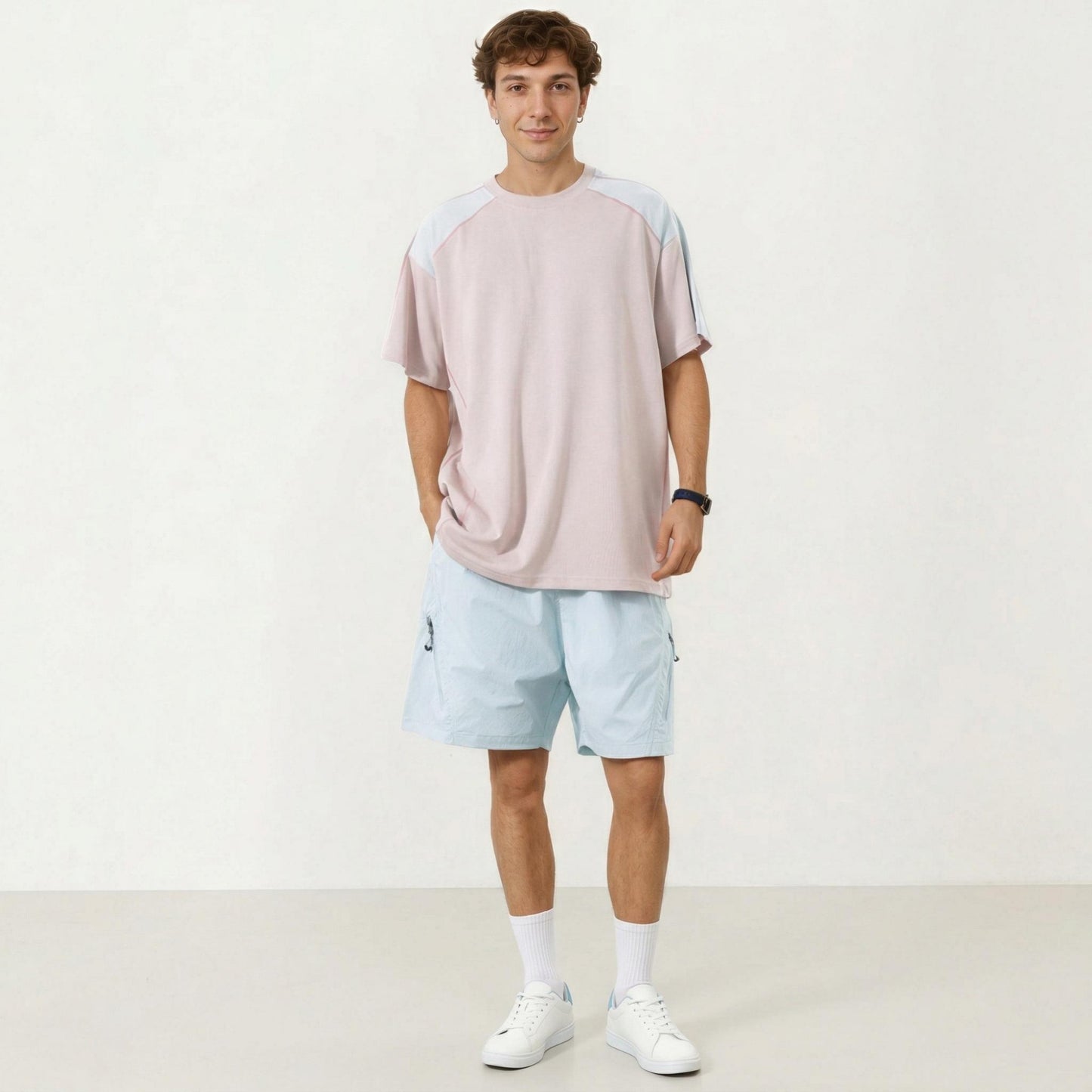 Men's Short Sleeve Athletic T-Shirt with Contrast Shoulder Panels Lightweight Breathable