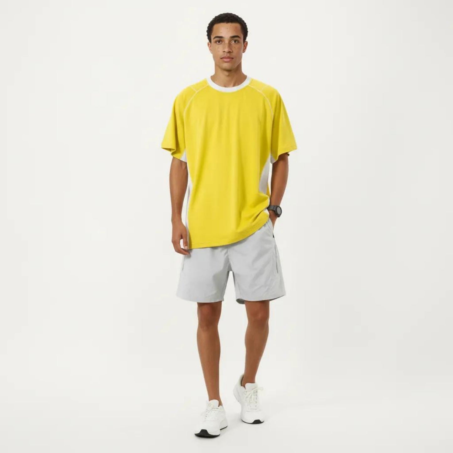 Men's Short Sleeve Athletic T-Shirt with Contrast Panel Design Breathable Performance Top