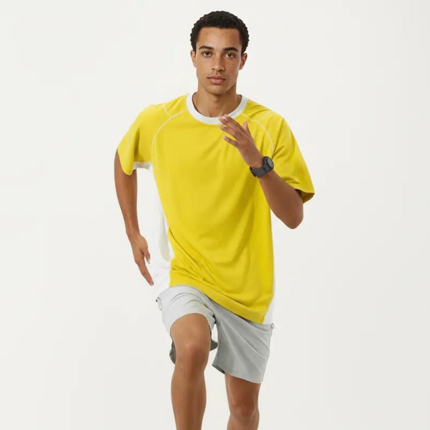 Men's Short Sleeve Athletic T-Shirt with Contrast Panel Design Breathable Performance Top