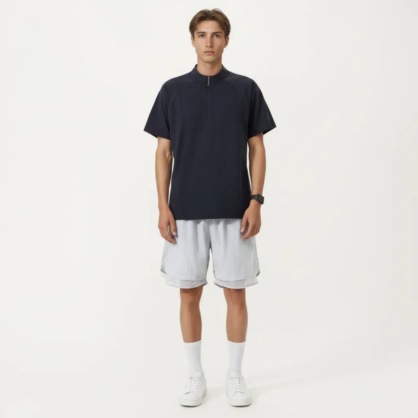 Men's Short Sleeve Athletic T-Shirt with Half Zip Mock Neck Lightweight Breathable Fabric