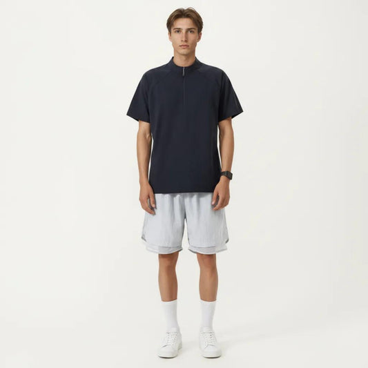 Men's Short Sleeve Athletic T-Shirt with Half Zip Mock Neck Lightweight Breathable Fabric