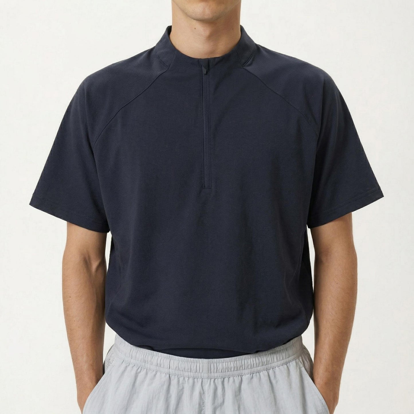 Men's Short Sleeve Athletic T-Shirt with Half Zip Mock Neck Lightweight Breathable Fabric