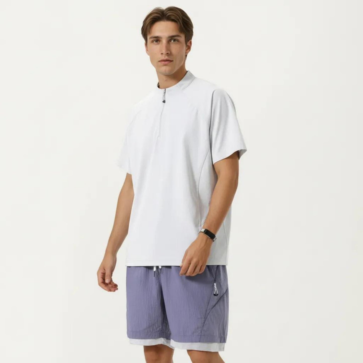 Men's Short Sleeve Athletic T-Shirt with Half Zip Mock Neck Lightweight Breathable Fabric
