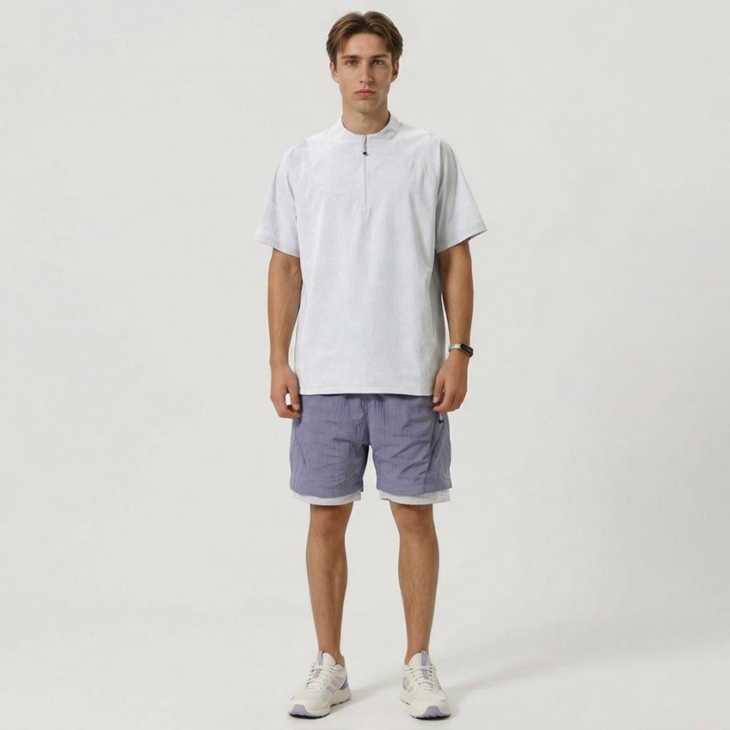 Men's Short Sleeve Athletic T-Shirt with Half Zip Mock Neck Lightweight Breathable Fabric