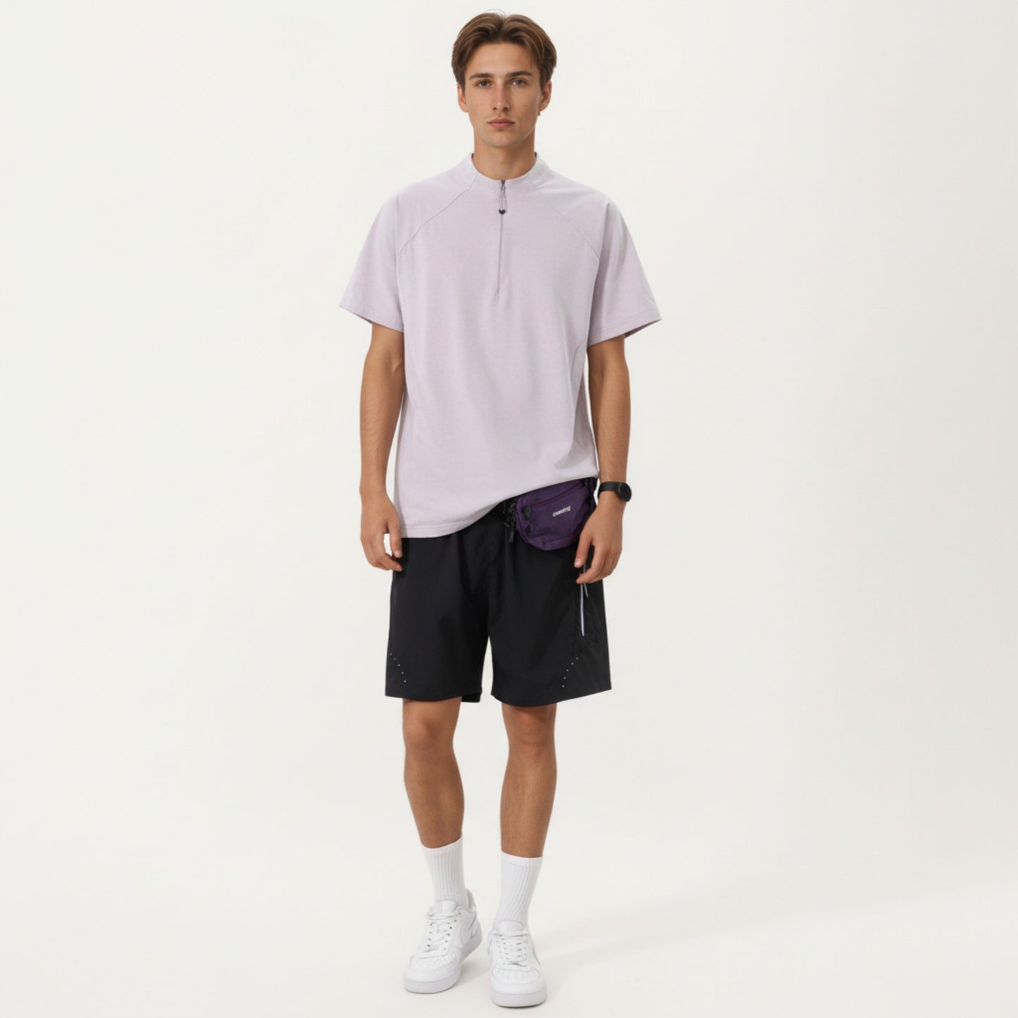 Men's Short Sleeve Athletic T-Shirt with Half Zip Mock Neck Lightweight Breathable Fabric