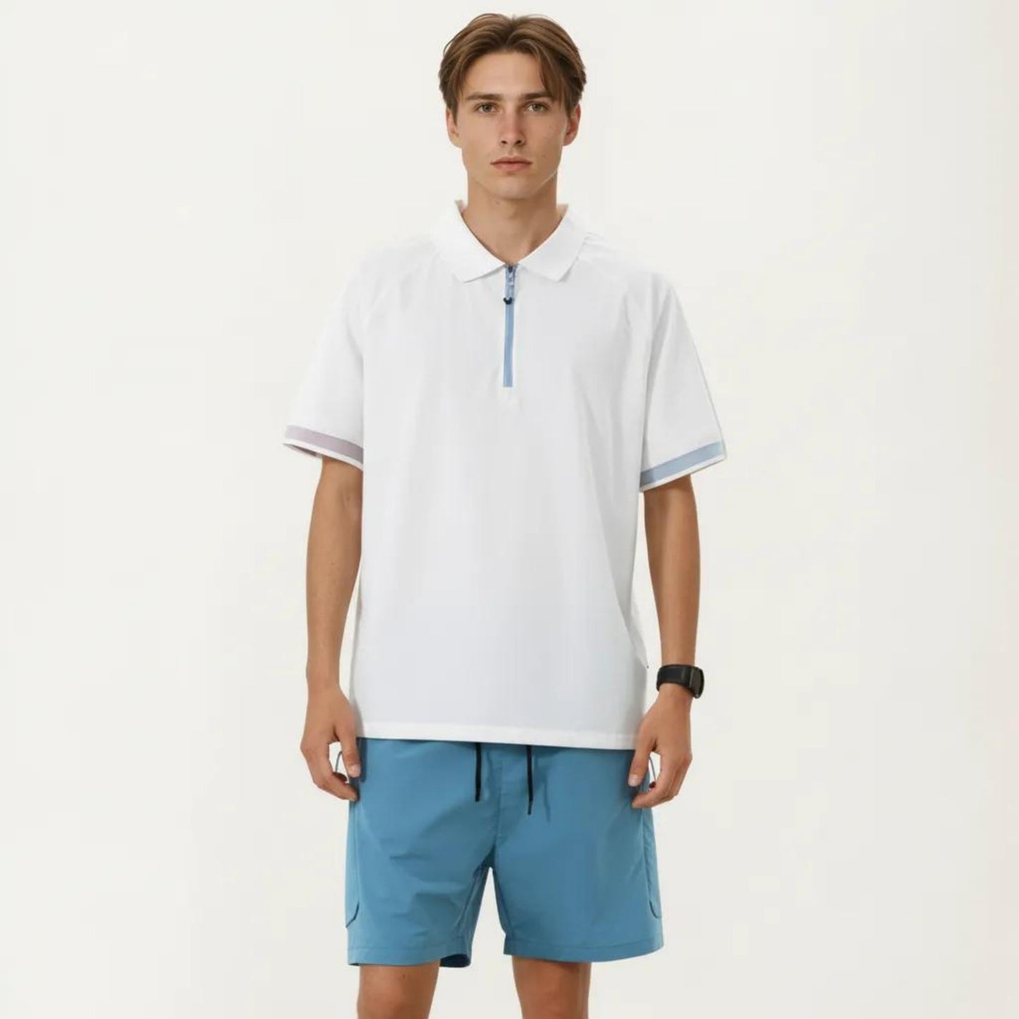 Men's Short Sleeve Athletic Polo Shirt with Zip Collar Lightweight Breathable Fabric and Relaxed Fit