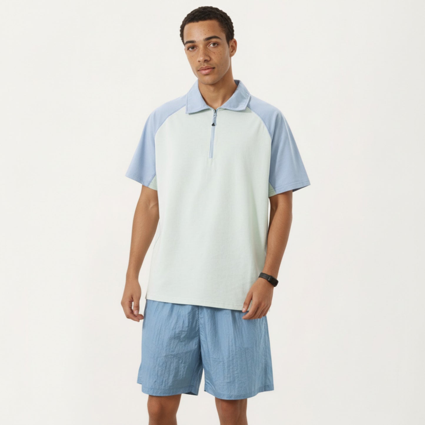 Men's Short Sleeve Athletic Polo Shirt with Zip Collar Colorblock Panel Design and Relaxed Fit Style