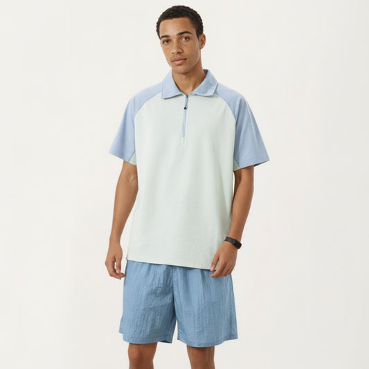 Men's Short Sleeve Athletic Polo Shirt with Zip Collar Colorblock Panel Design and Relaxed Fit Style
