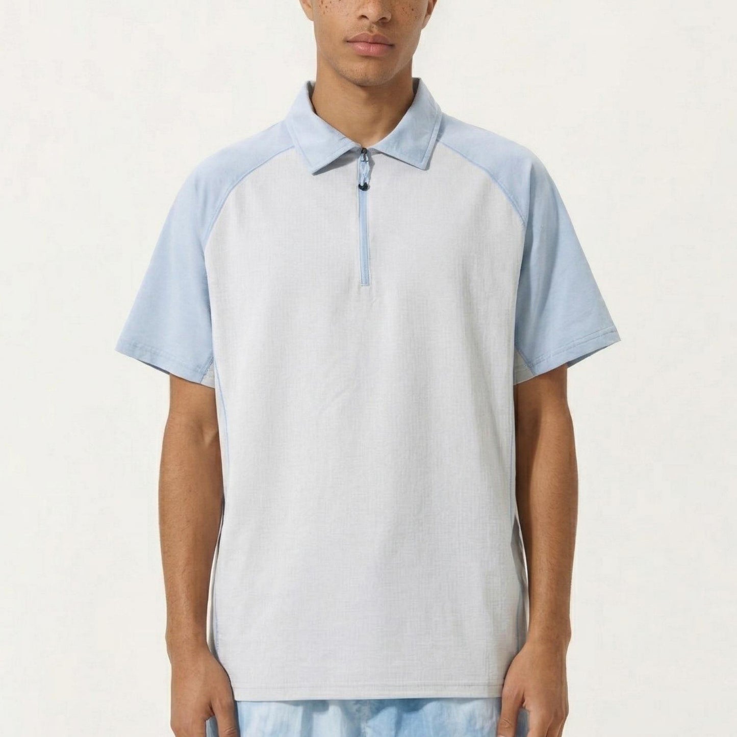 Men's Short Sleeve Athletic Polo Shirt with Zip Collar Colorblock Panel Design and Relaxed Fit Style