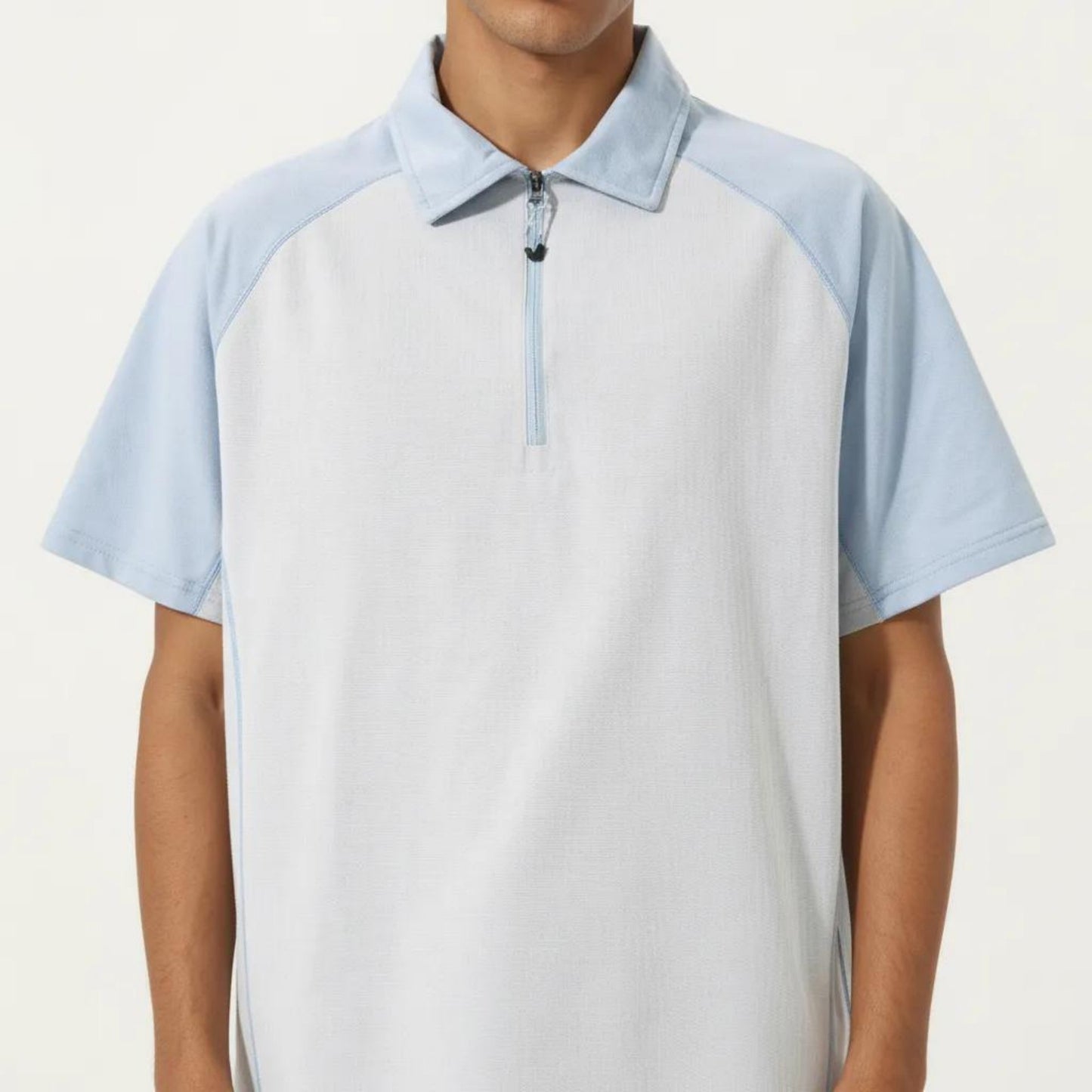 Men's Short Sleeve Athletic Polo Shirt with Zip Collar Colorblock Panel Design and Relaxed Fit Style