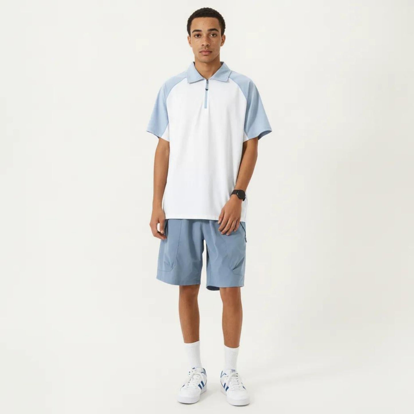Men's Short Sleeve Athletic Polo Shirt with Zip Collar Colorblock Panel Design and Relaxed Fit Style