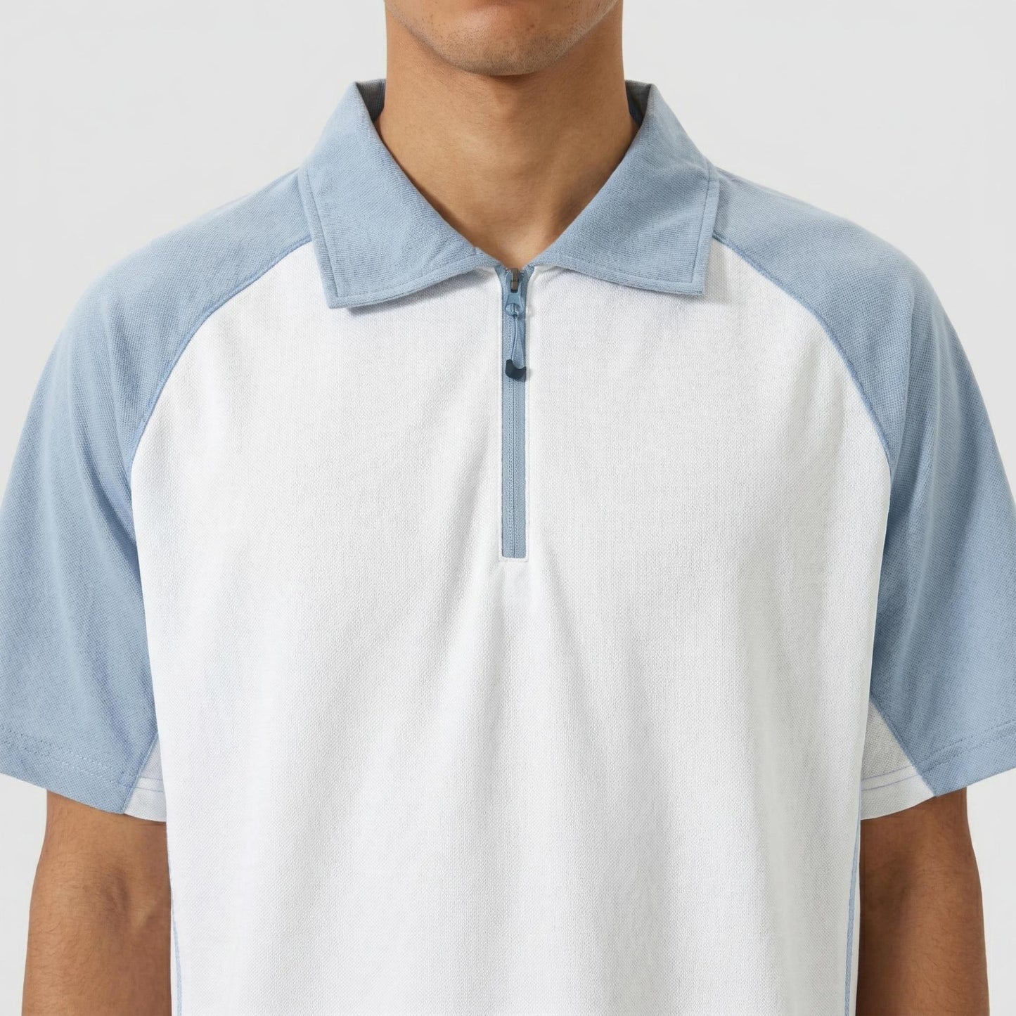 Men's Short Sleeve Athletic Polo Shirt with Zip Collar Colorblock Panel Design and Relaxed Fit Style