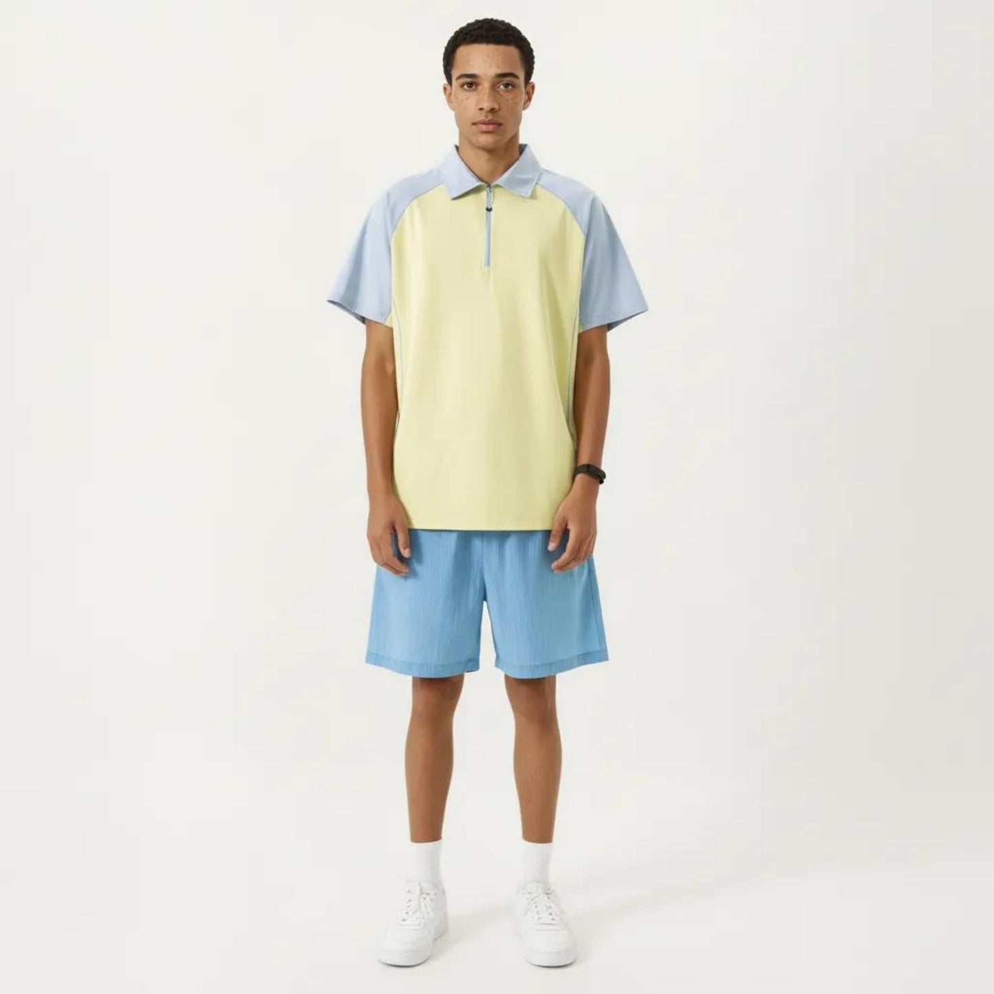 Men's Short Sleeve Athletic Polo Shirt with Zip Collar Colorblock Panel Design and Relaxed Fit Style