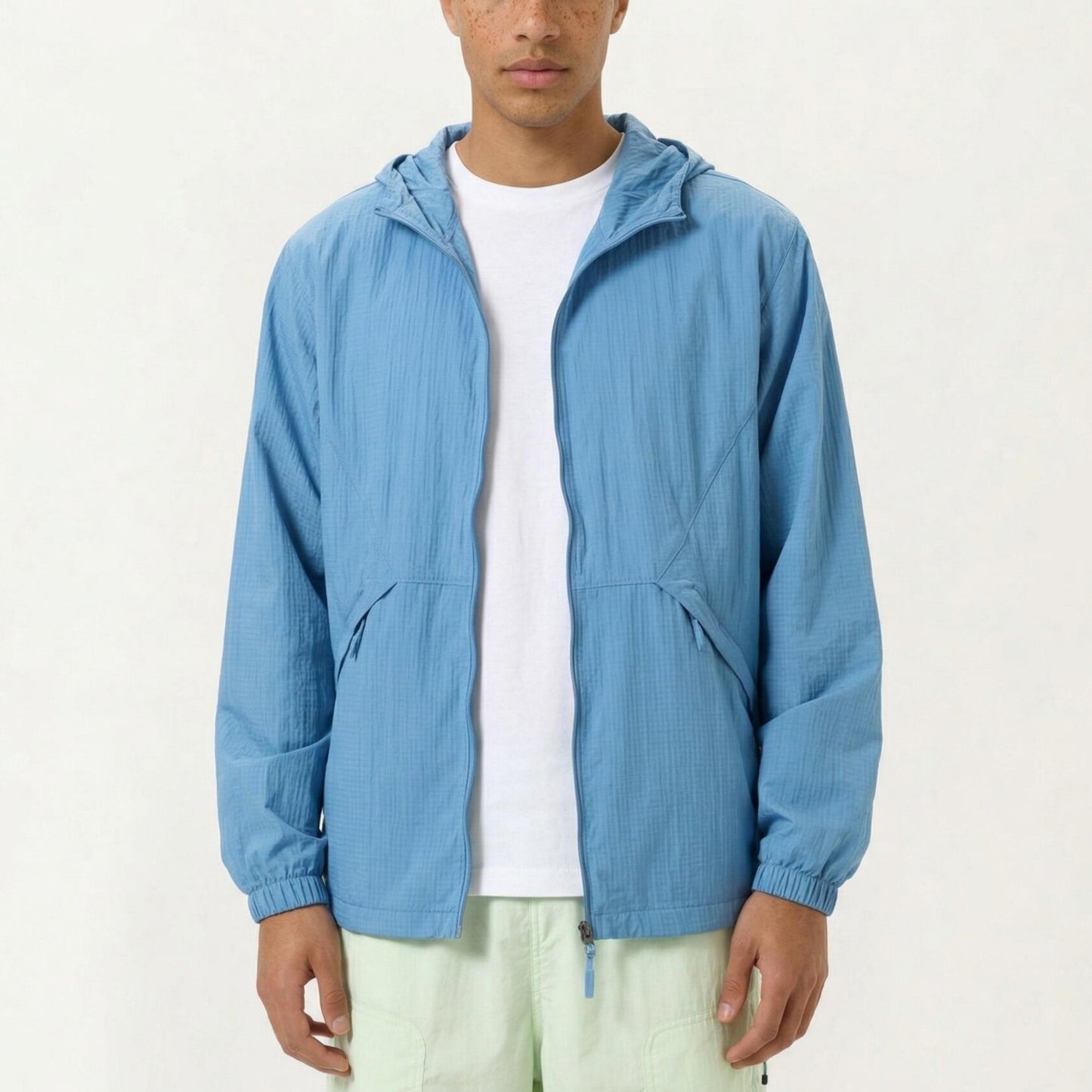 Men's Lightweight Hooded Windbreaker Jacket with Full Zip Closure Elastic Cuffs and Side Pocket