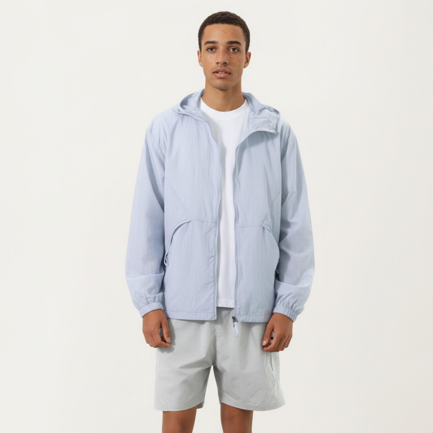 Men's Lightweight Hooded Windbreaker Jacket with Full Zip Closure Elastic Cuffs and Side Pocket