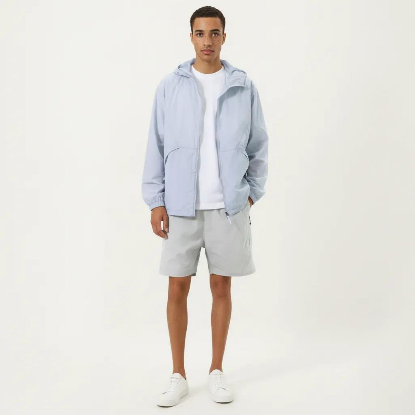 Men's Lightweight Hooded Windbreaker Jacket with Full Zip Closure Elastic Cuffs and Side Pocket