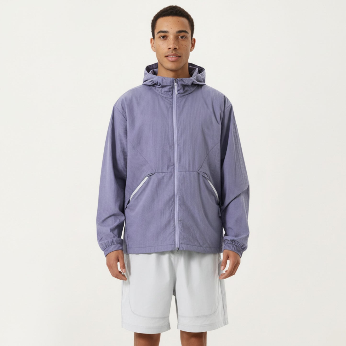 Men's Lightweight Hooded Windbreaker Jacket with Full Zip Closure Elastic Cuffs and Side Pocket