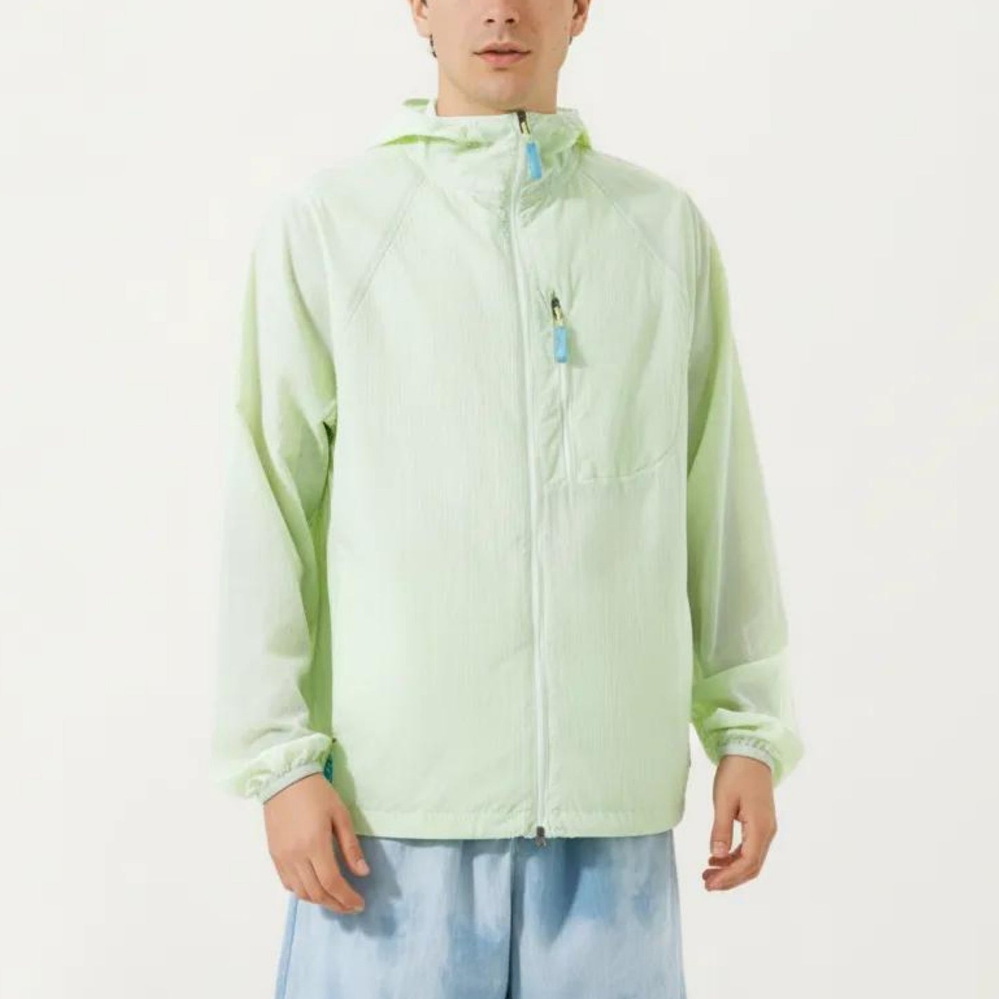 Men's Lightweight Windbreaker Jacket with Hood Full Zip Closure Chest Zipper Pocket and Elastic Cuff