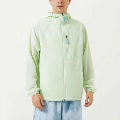 Men's Lightweight Windbreaker Jacket with Hood Full Zip Closure Chest Zipper Pocket and Elastic Cuff