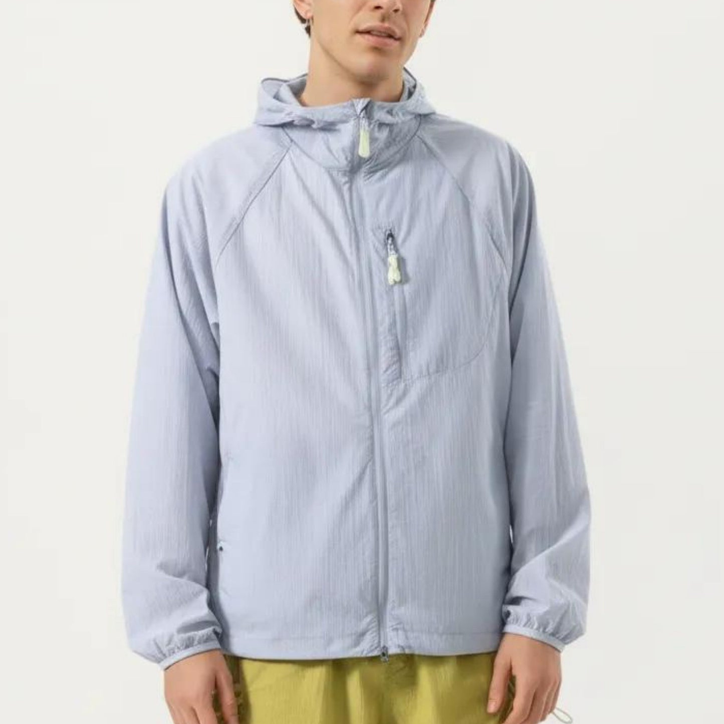 Men's Lightweight Windbreaker Jacket with Hood Full Zip Closure Chest Zipper Pocket and Elastic Cuff