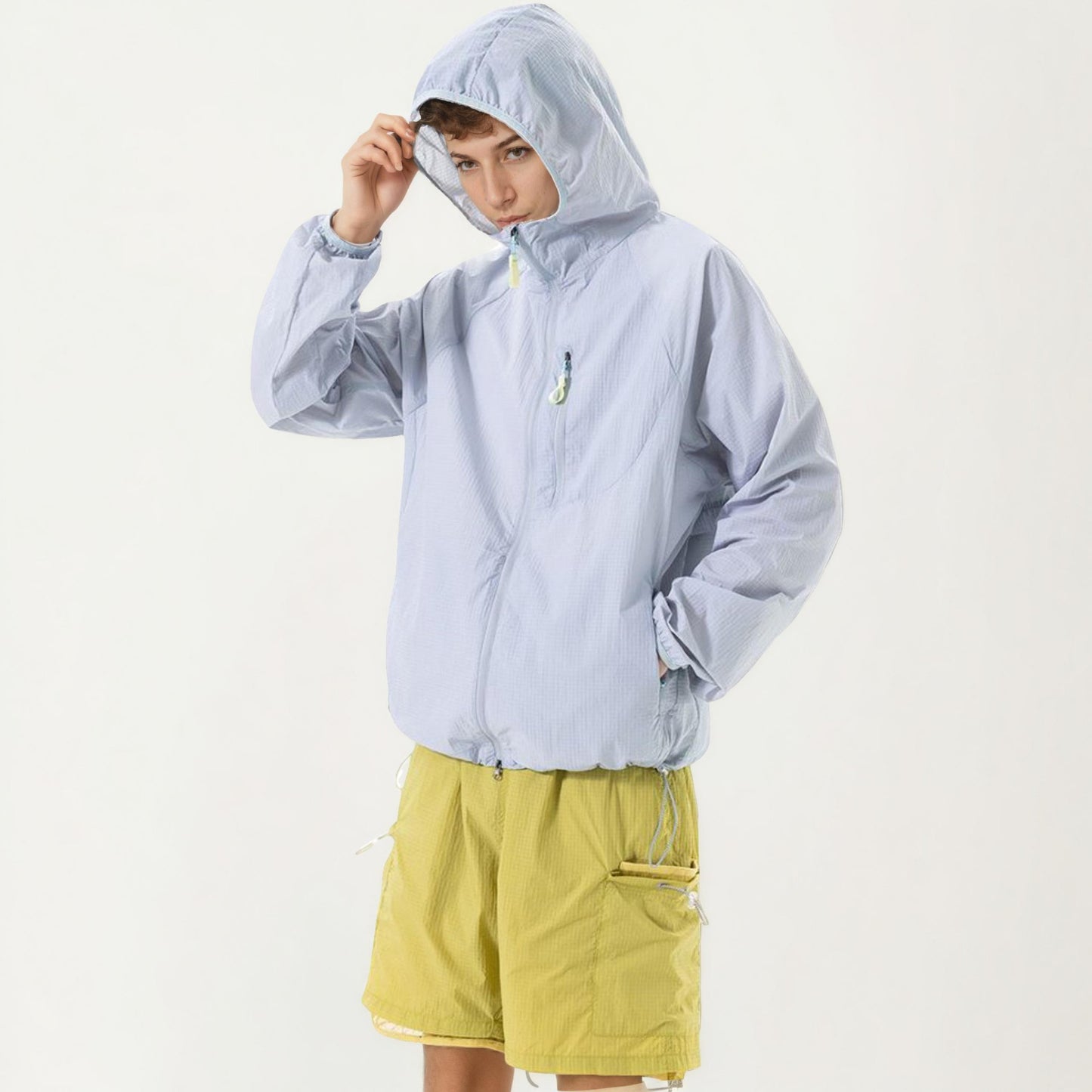 Men's Lightweight Windbreaker Jacket with Hood Full Zip Closure Chest Zipper Pocket and Elastic Cuff