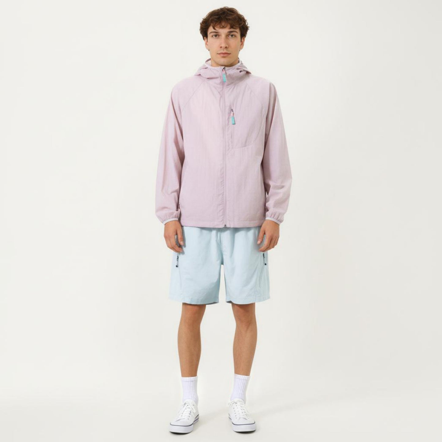 Men's Lightweight Windbreaker Jacket with Hood Full Zip Closure Chest Zipper Pocket and Elastic Cuff