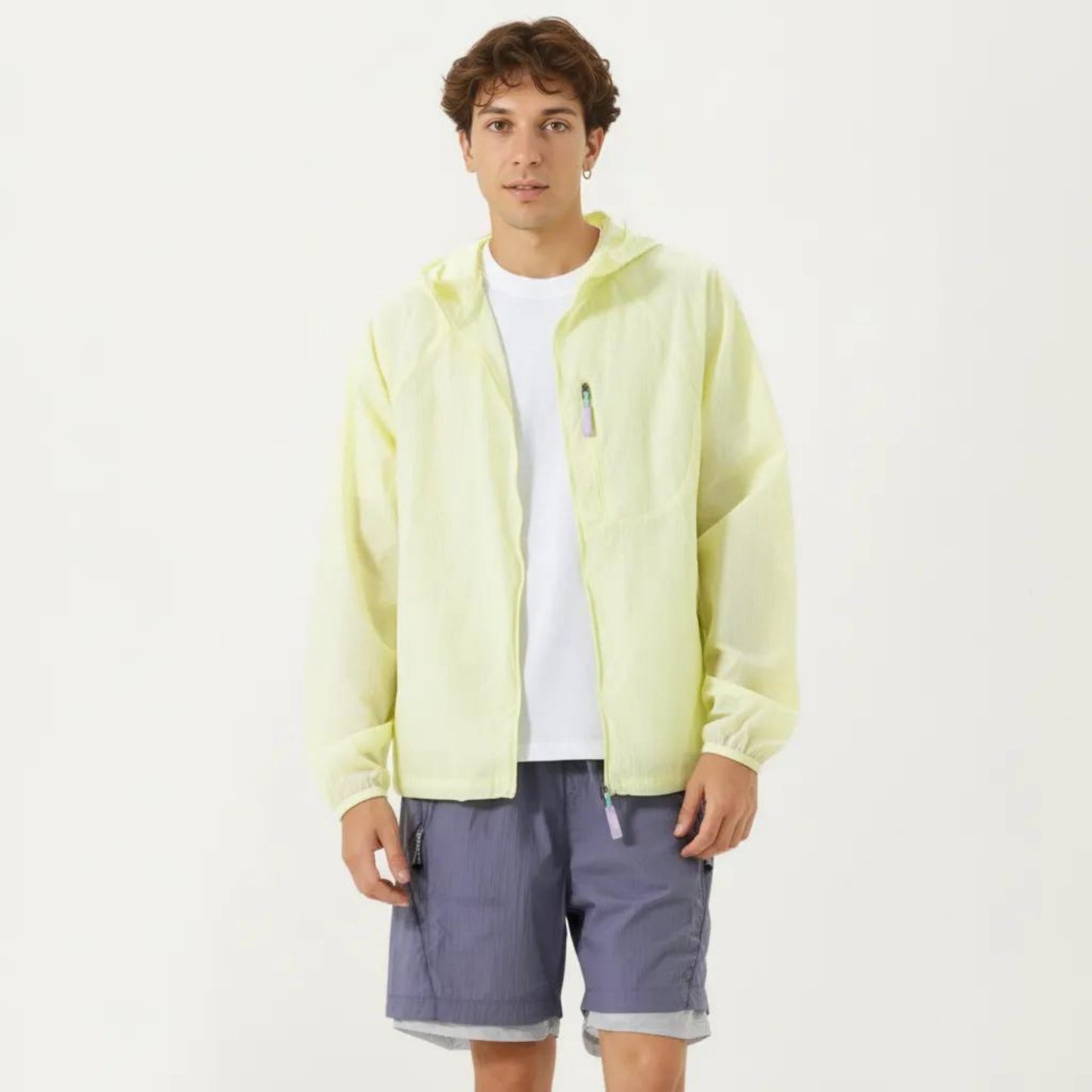 Men's Lightweight Windbreaker Jacket with Hood Full Zip Closure Chest Zipper Pocket and Elastic Cuff