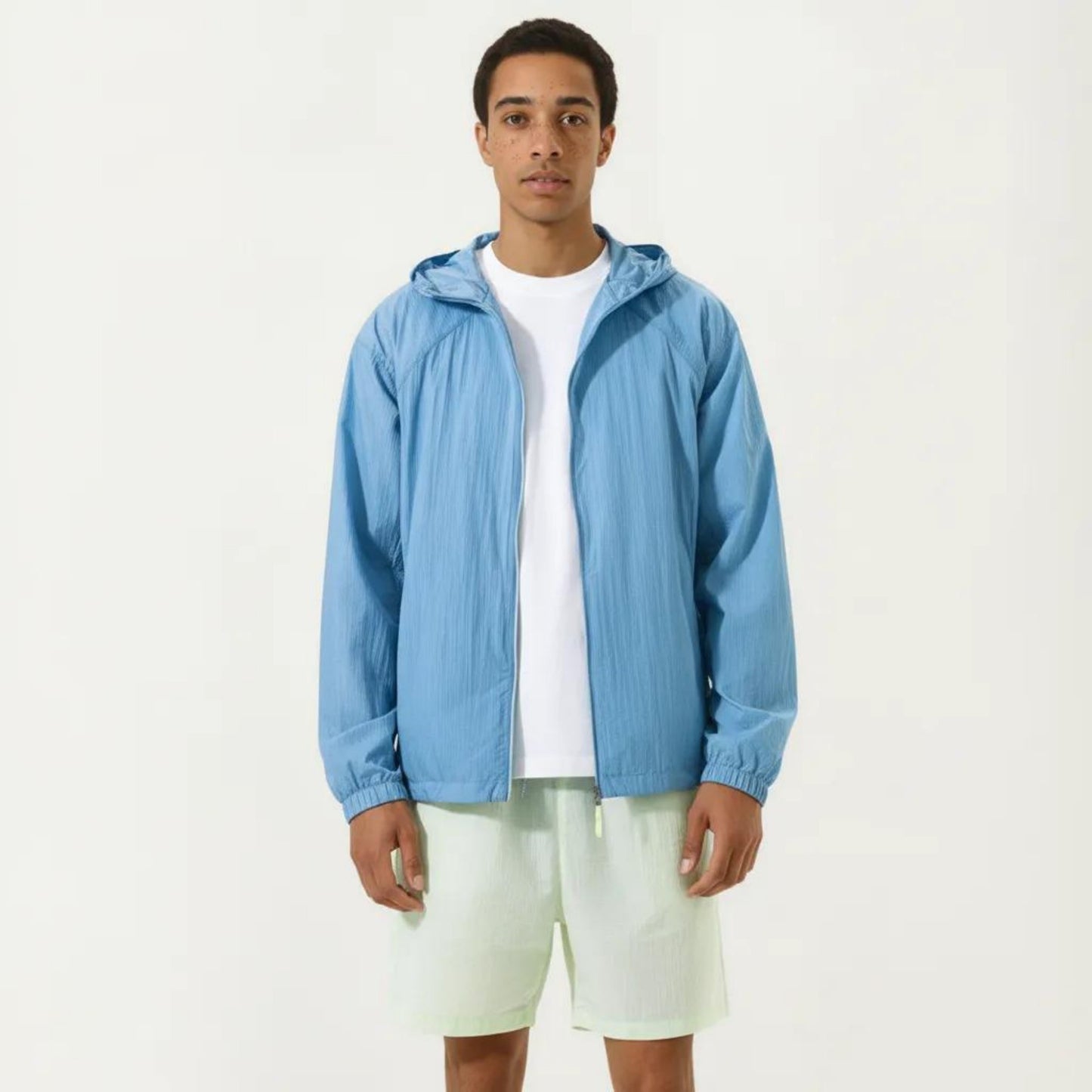 Men's Lightweight Hooded Windbreaker Jacket with Full Zip Closure Elastic Cuffs and Relaxed Fit