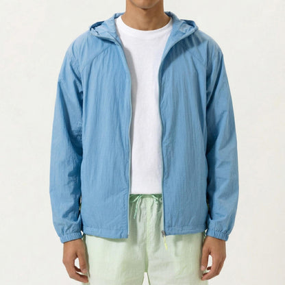 Men's Lightweight Hooded Windbreaker Jacket with Full Zip Closure Elastic Cuffs and Relaxed Fit