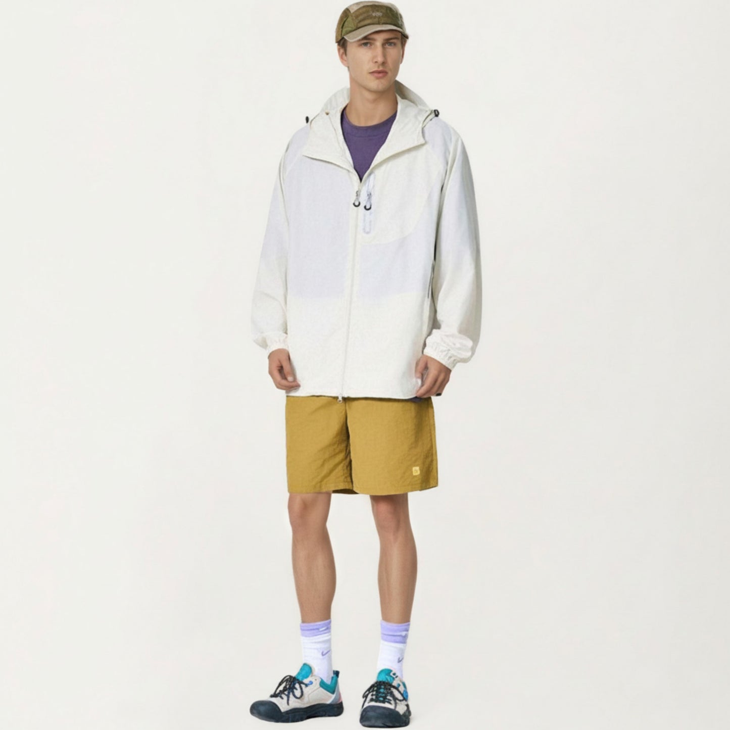 Men's Lightweight Windbreaker Jacket with Hood Full Zip Closure Panel Detail and Elastic Cuff Design