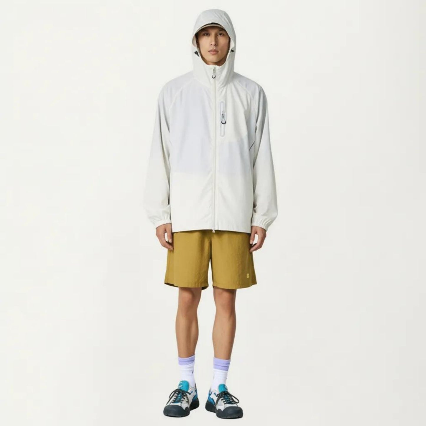 Men's Lightweight Windbreaker Jacket with Hood Full Zip Closure Panel Detail and Elastic Cuff Design