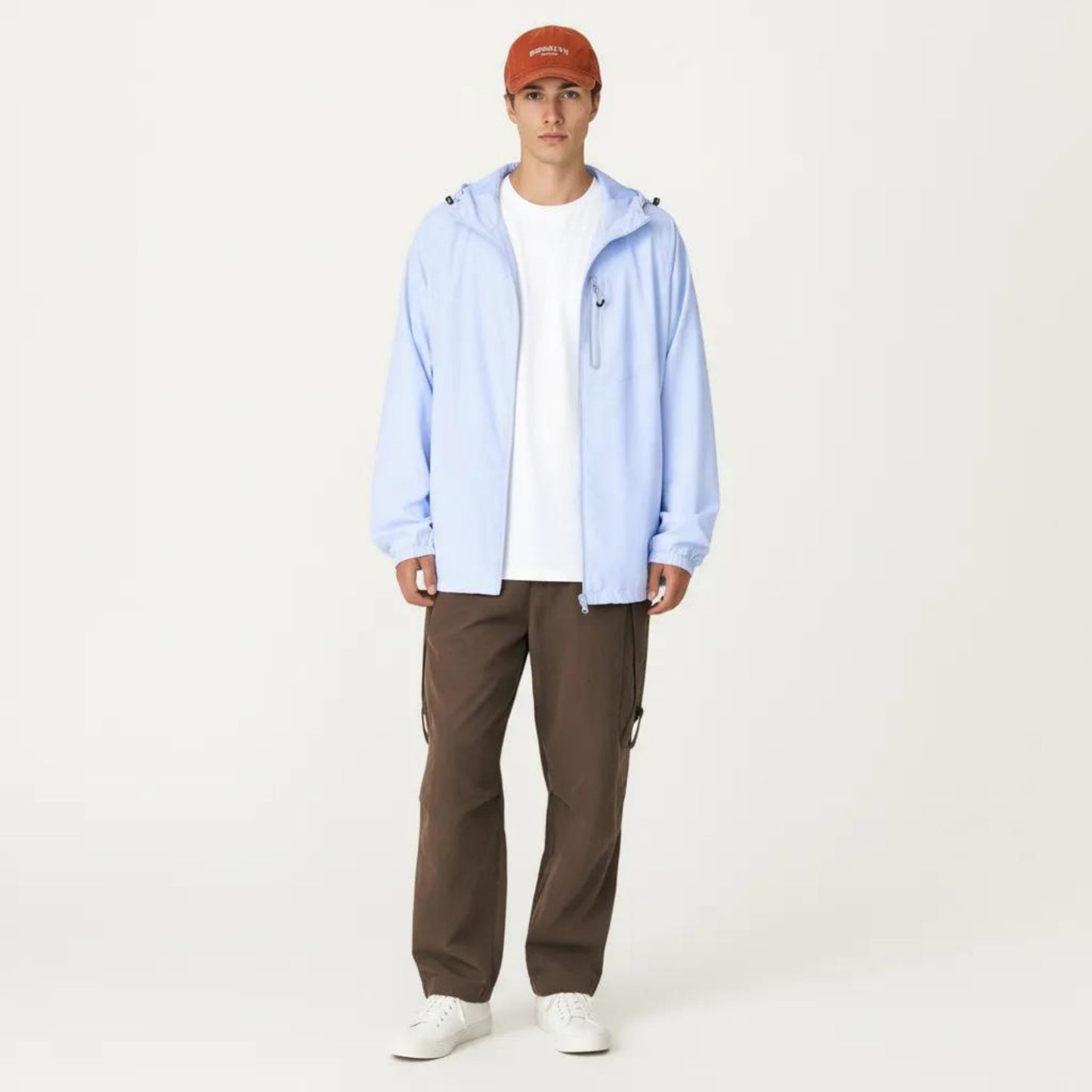 Men's Lightweight Windbreaker Jacket with Hood Full Zip Closure Panel Detail and Elastic Cuff Design