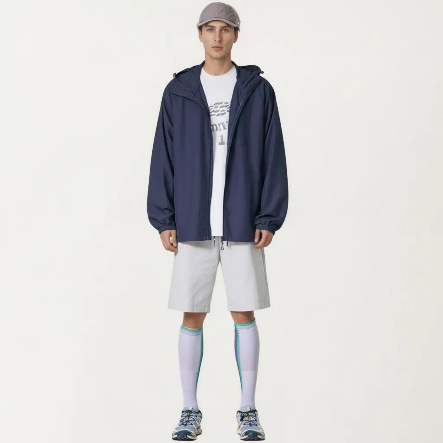 Men's Lightweight Windbreaker Jacket with Hood Full Zip Closure Panel Detail and Elastic Cuff Design