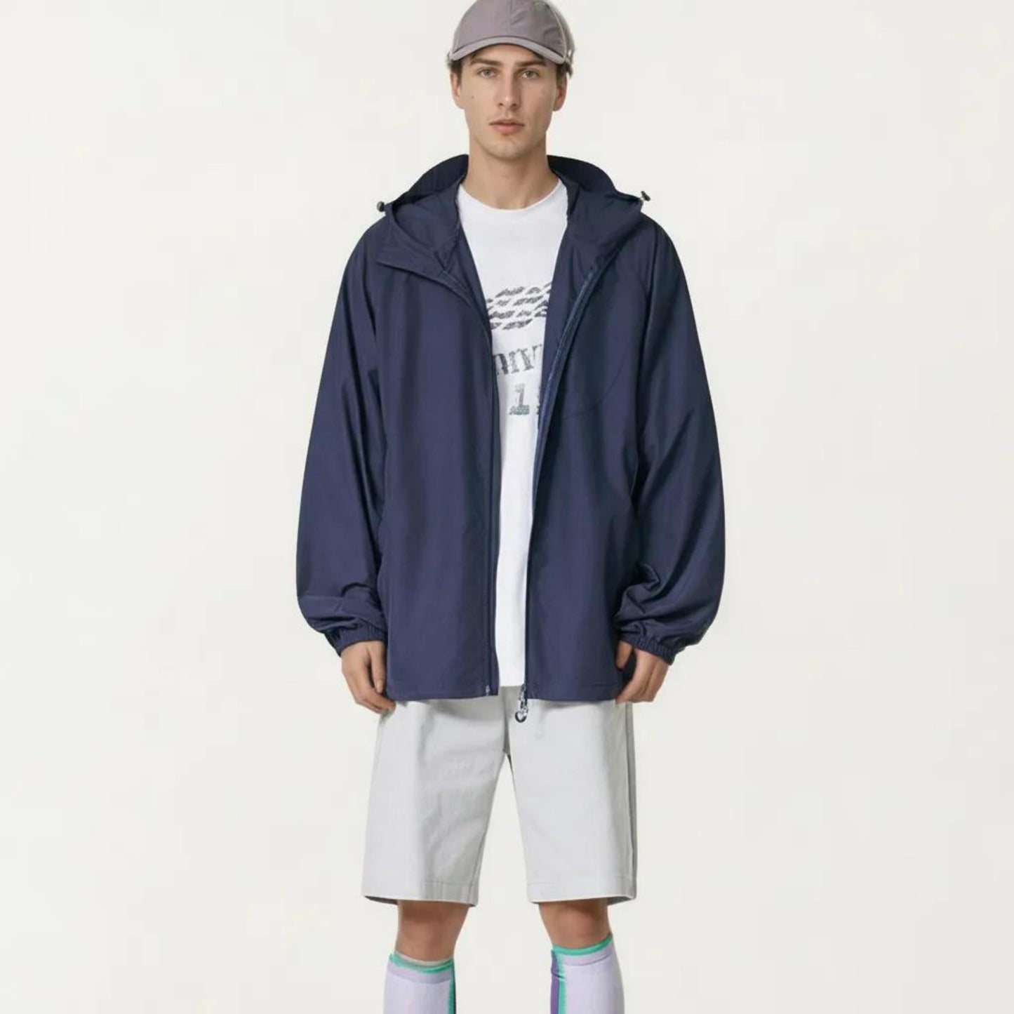 Men's Lightweight Windbreaker Jacket with Hood Full Zip Closure Panel Detail and Elastic Cuff Design