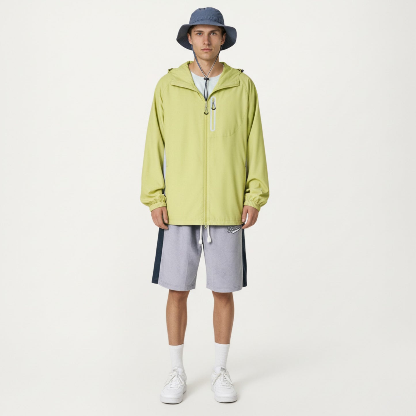 Men's Lightweight Windbreaker Jacket with Hood Full Zip Closure Panel Detail and Elastic Cuff Design