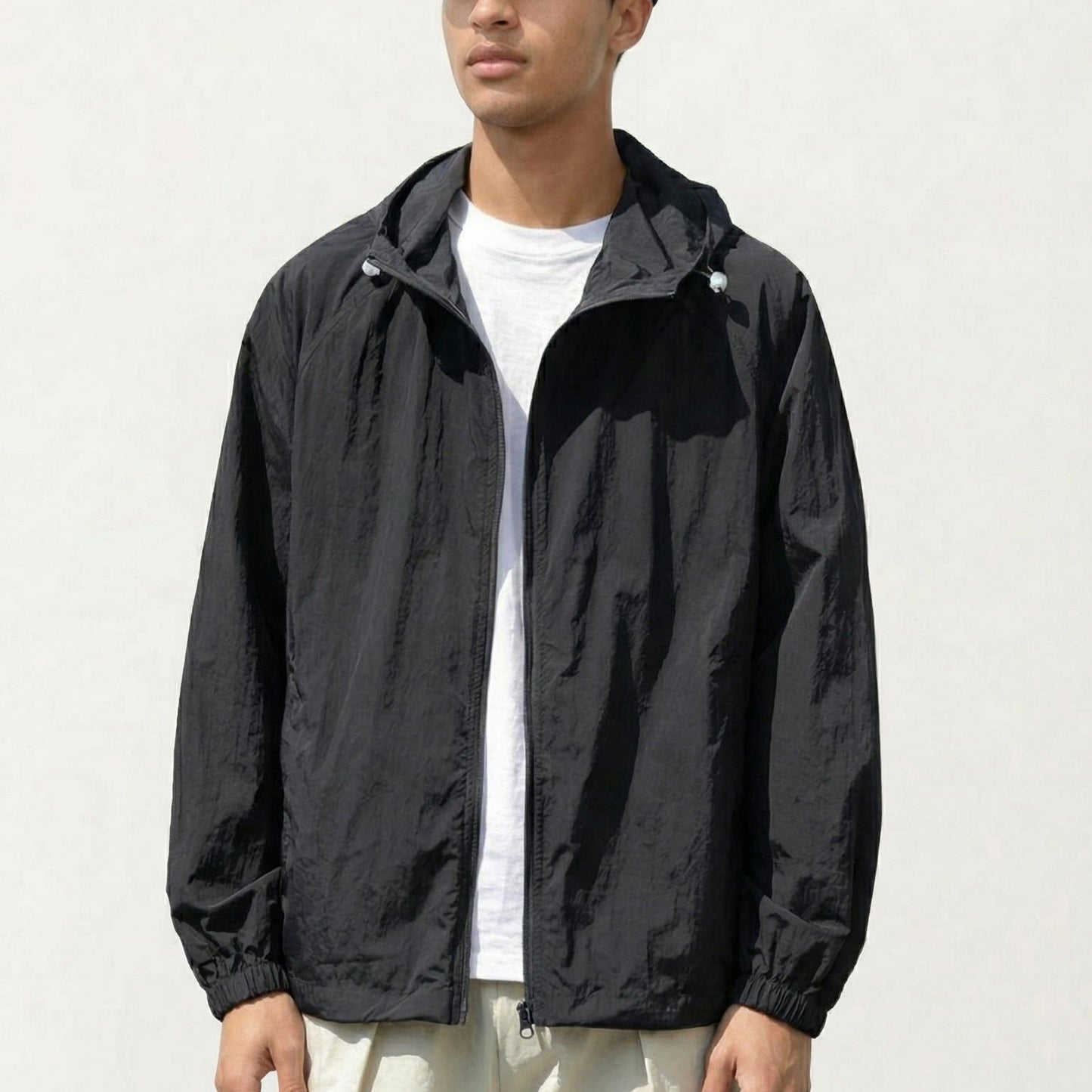 Men's Lightweight Hooded Windbreaker Jacket with Full Zip Closure Elastic Cuffs and Relaxed Fit