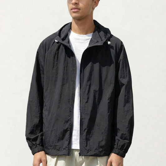 Men's Lightweight Hooded Windbreaker Jacket with Full Zip Closure Elastic Cuffs and Relaxed Fit