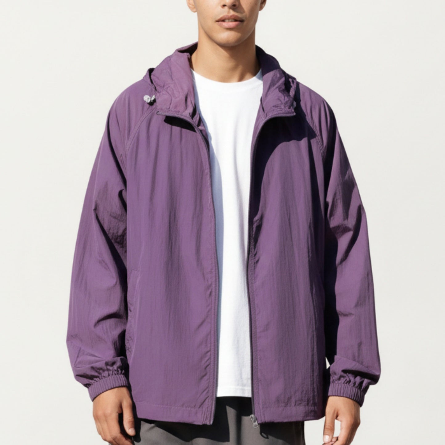 Men's Lightweight Hooded Windbreaker Jacket with Full Zip Closure Elastic Cuffs and Relaxed Fit