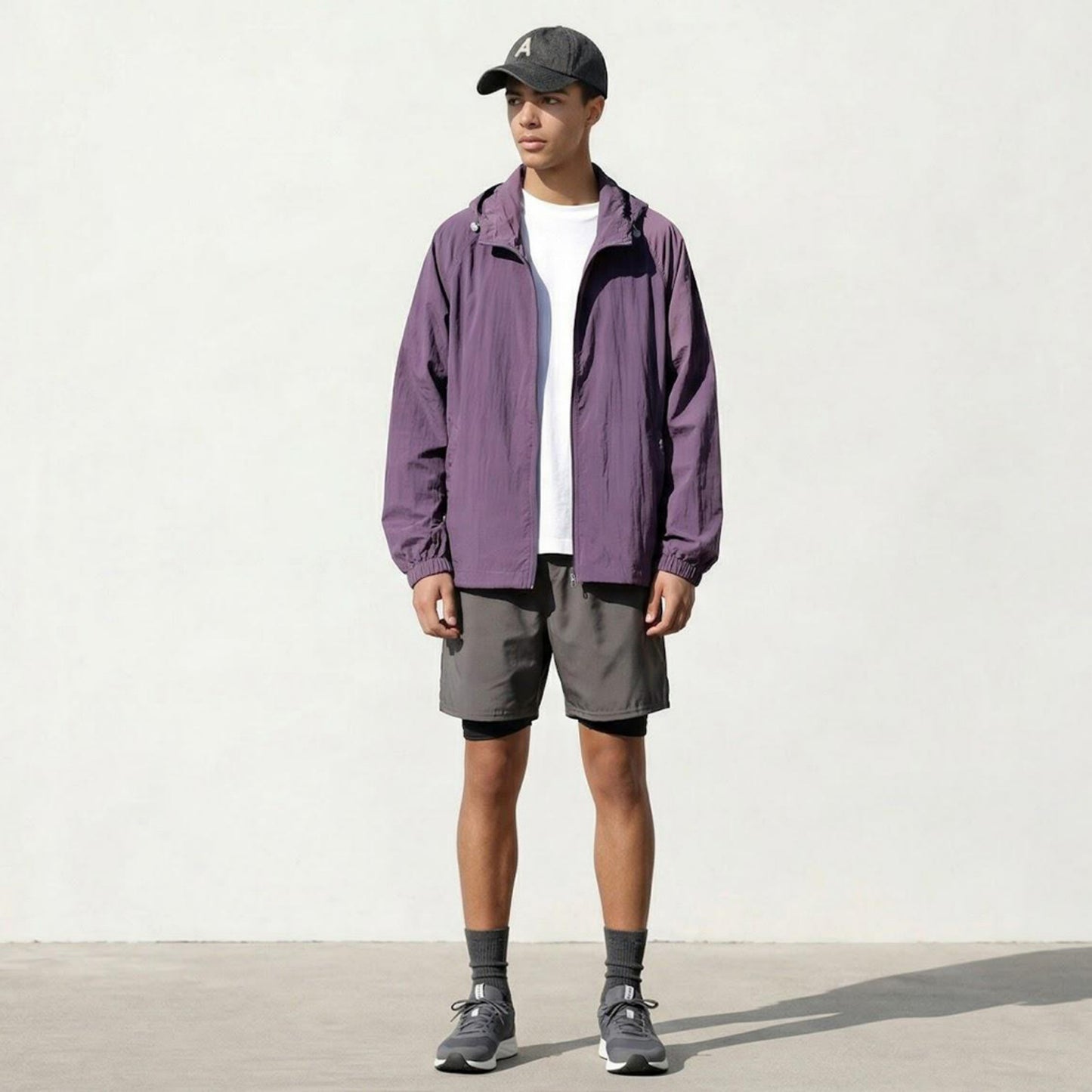 Men's Lightweight Hooded Windbreaker Jacket with Full Zip Closure Elastic Cuffs and Relaxed Fit