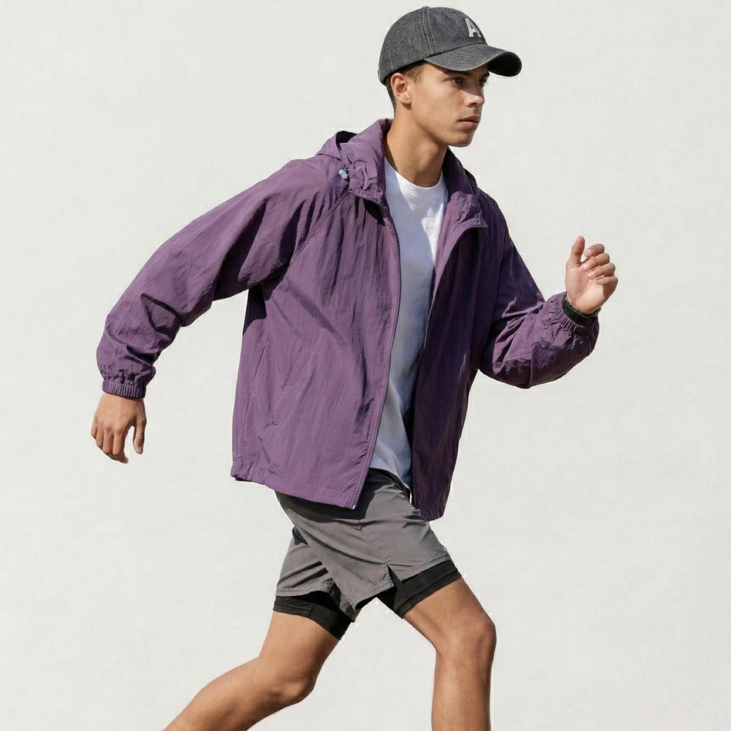 Men's Lightweight Hooded Windbreaker Jacket with Full Zip Closure Elastic Cuffs and Relaxed Fit